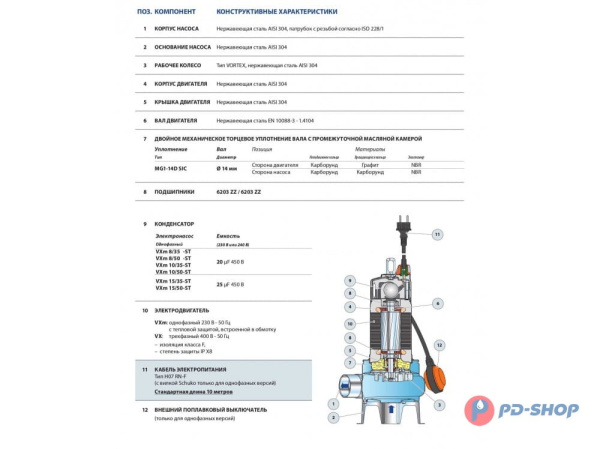 Насос фекальный Pedrollo VXm 10/35-ST кабель 10м